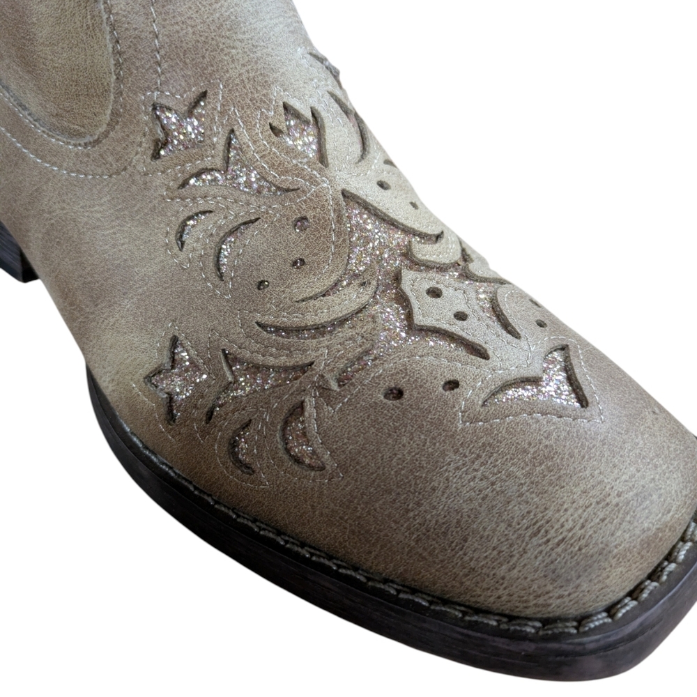 Roper Kennedy Western Cowboy Boots Tan Glitter Tooled Inlay Square Toe Size 9.5 - Picture 4 of 11